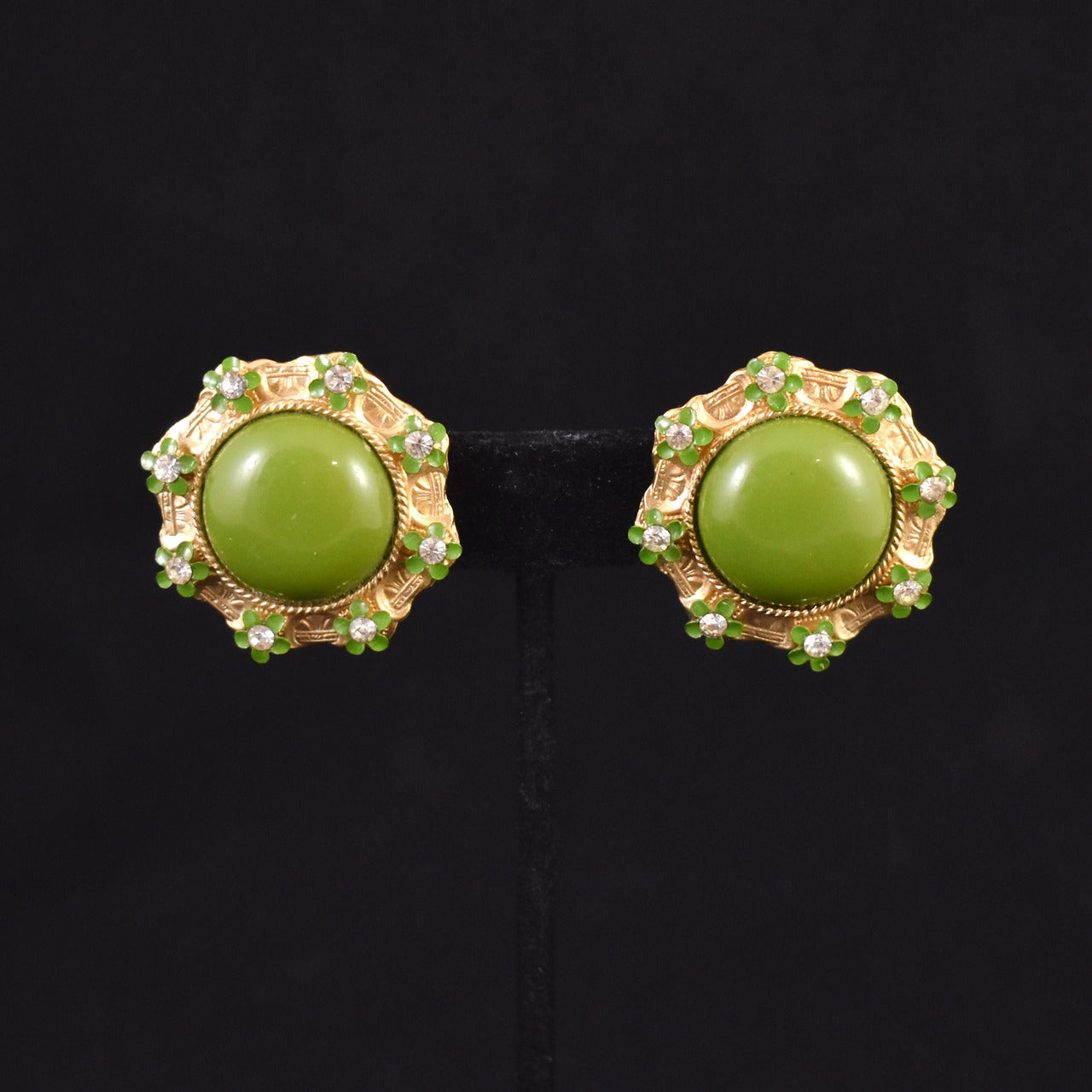 Large Lime Button & Rhinestone Earrings