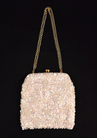 1950s White Sequin & Bead Clutch Handbag