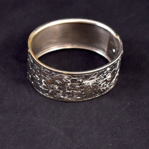 Wide Silver Floral Etched Hinged Bangle