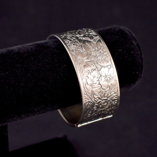 Wide Silver Floral Etched Hinged Bangle