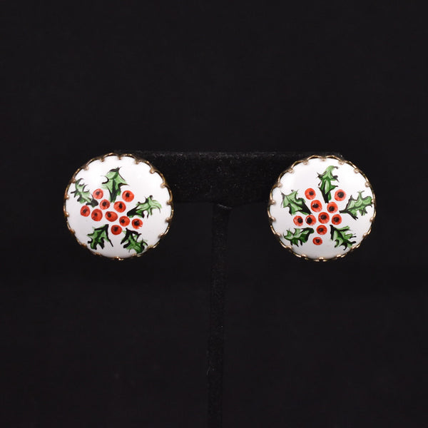 Handpainted Holly Button Earrings