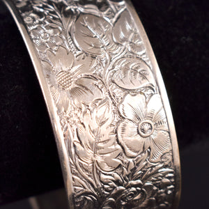 Wide Silver Floral Etched Hinged Bangle