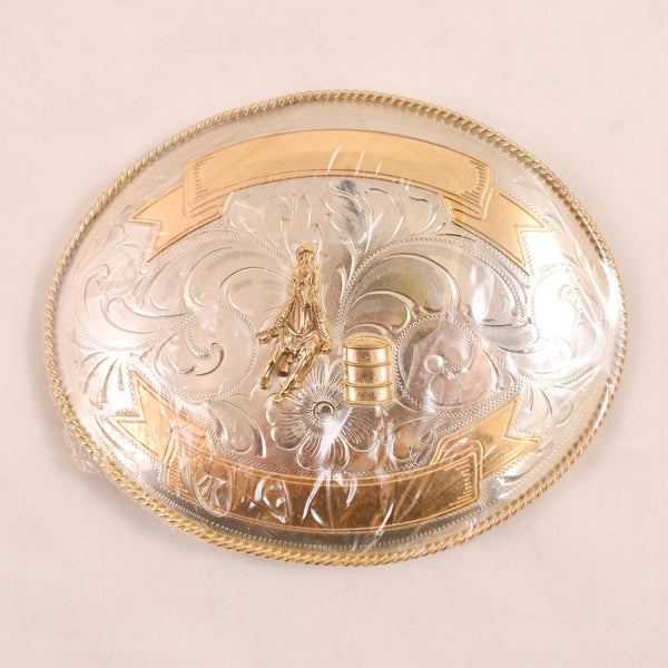 1980s NOS XXL Rodeo Cowboy Silver & Brass Belt Buckle