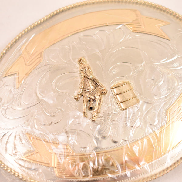 1980s NOS XXL Rodeo Cowboy Silver & Brass Belt Buckle