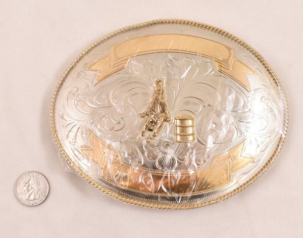 1980s NOS XXL Rodeo Cowboy Silver & Brass Belt Buckle