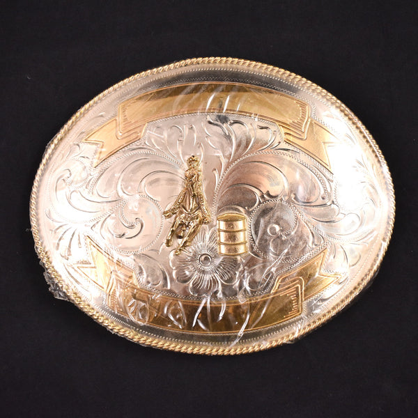 1980s NOS XXL Rodeo Cowboy Silver & Brass Belt Buckle