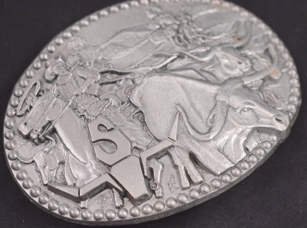 1970s Sheplers Long Horn Cattle Drive Western Belt Buckle