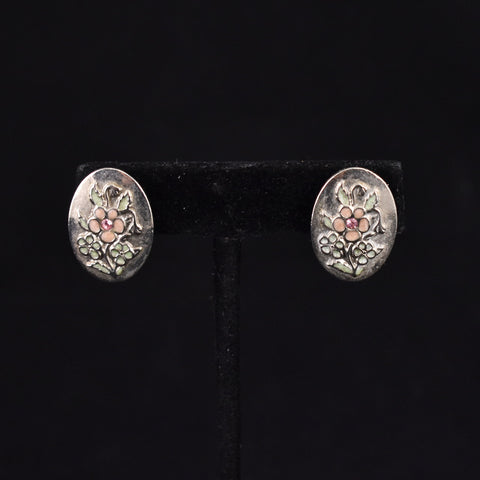 Pink Floral Oval Rhinestone Earrings