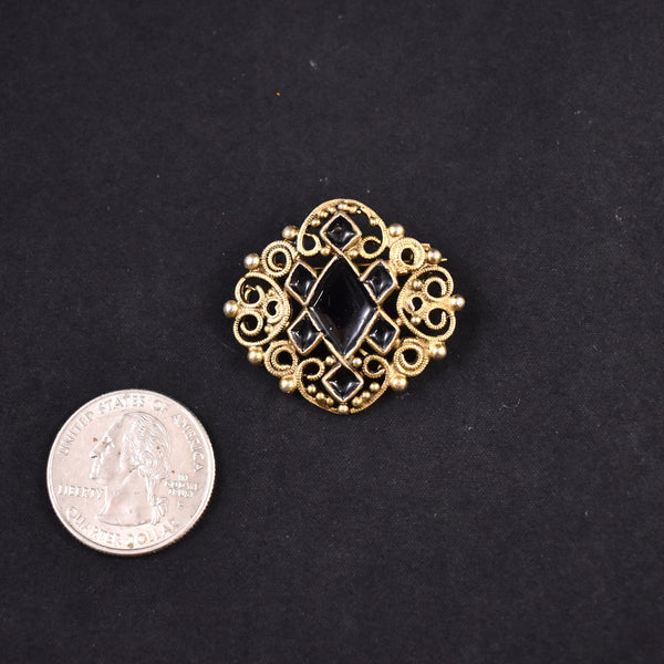 Gold & Black Filigree Victorian Style Pin