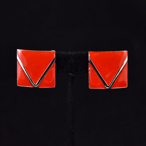 Red Square Enamel "V" Earrings