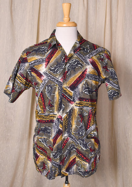 1960s Bullfighting Print Loop Collar Shirt