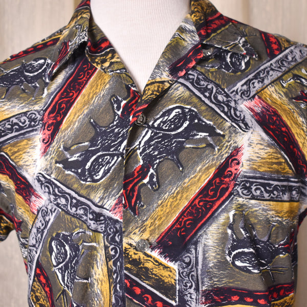 1960s Bullfighting Print Loop Collar Shirt