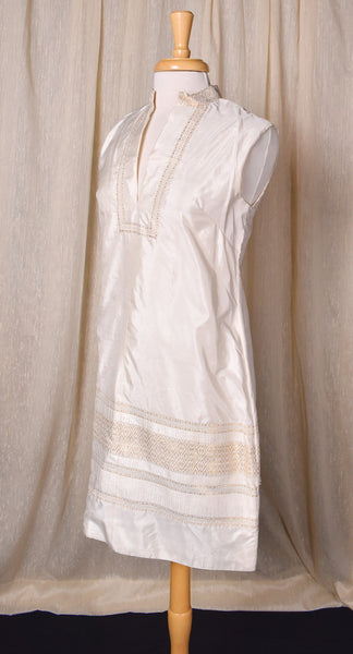 1960s Cream Gold Trim Nehru Collar Dress