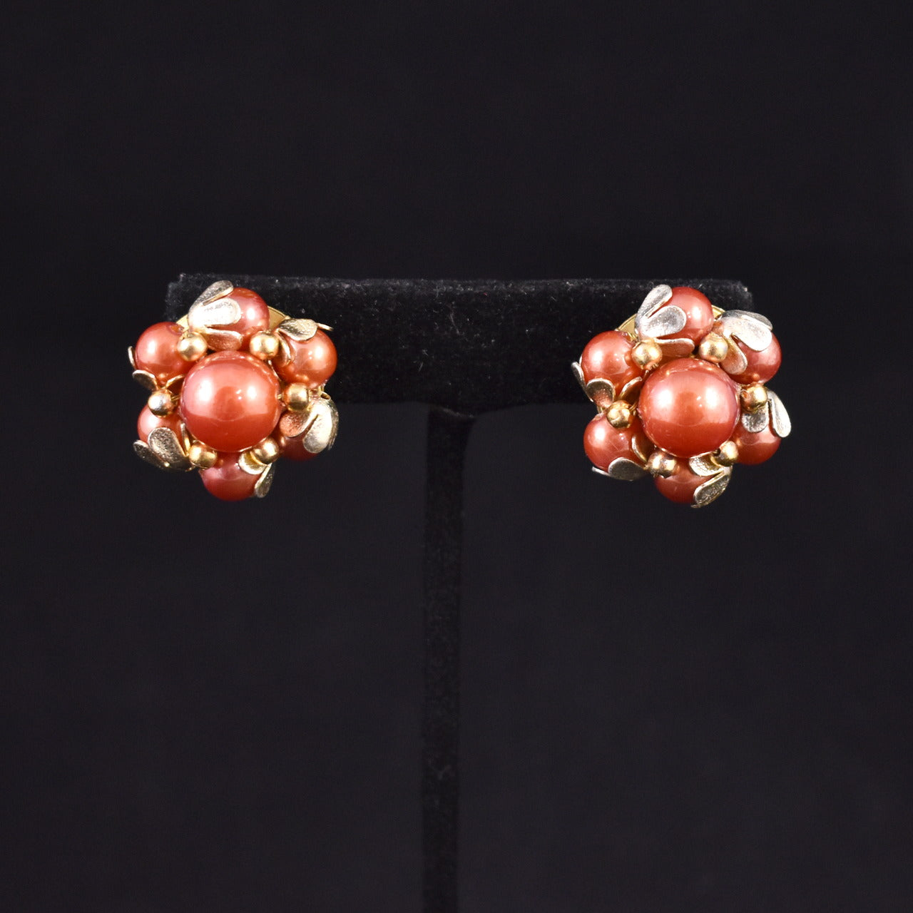 Orange Pearl Cluster Earrings