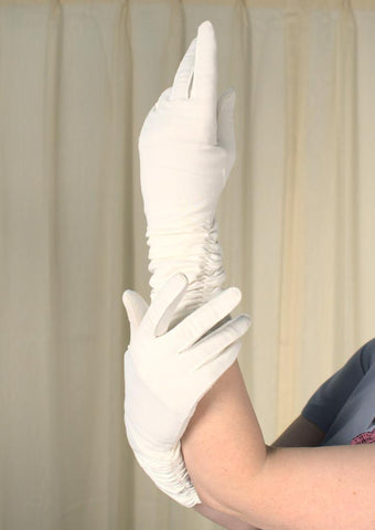 Long Off White Ruched Gloves Cats Like Us