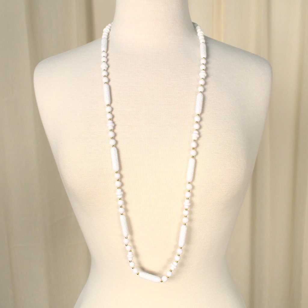 Long White Carved Bead Necklace Cats Like Us