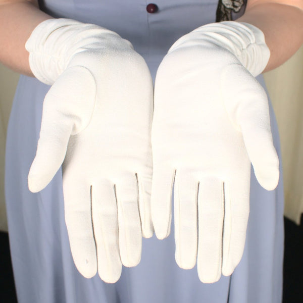 Long White Soft Ruched Gloves Cats Like Us