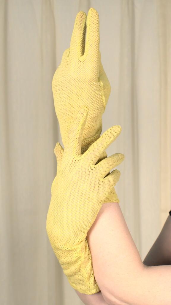Long Yellow Fishnet Gloves Cats Like Us
