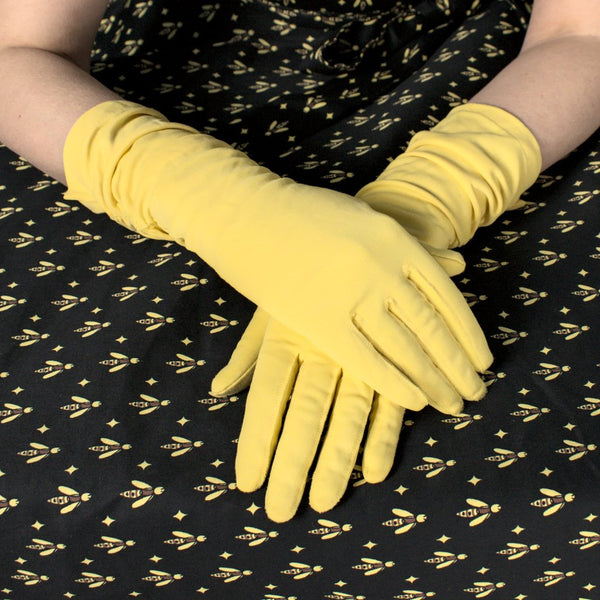 Long Yellow Ruched Gloves Cats Like Us