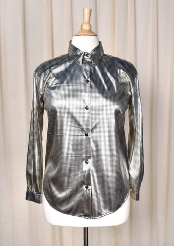 NWT 1980s Shiny Silver Square Blouse Cats Like Us