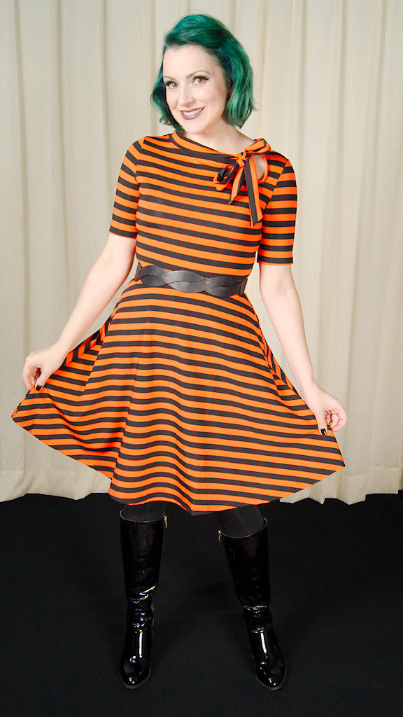 orange and brown striped dress Long brown and cream striped dress with a square neckline