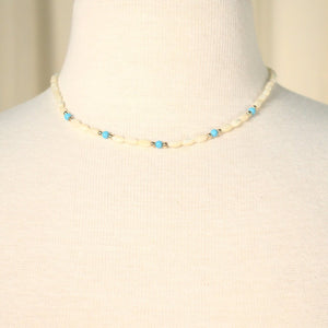 Tiny Pearl & Blue Bead Necklace Cats Like Us