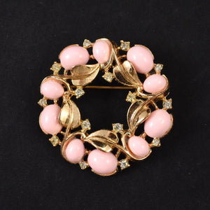 Trifari Gold Crown Pink Bead Wreath Brooch Cats Like Us