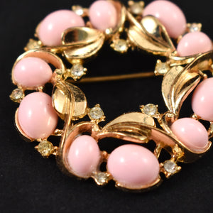 Trifari Gold Crown Pink Bead Wreath Brooch Cats Like Us
