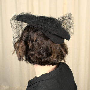 Vintage 1940s Black Tam Hat with Veil Cats Like Us