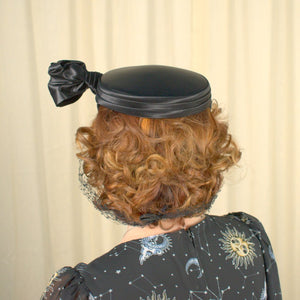 Vintage 1950s Black Satin Hat w Netting Cats Like Us