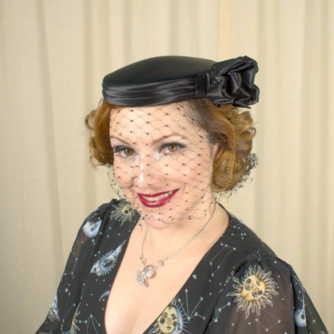 Vintage 1950s Black Satin Hat w Netting Cats Like Us
