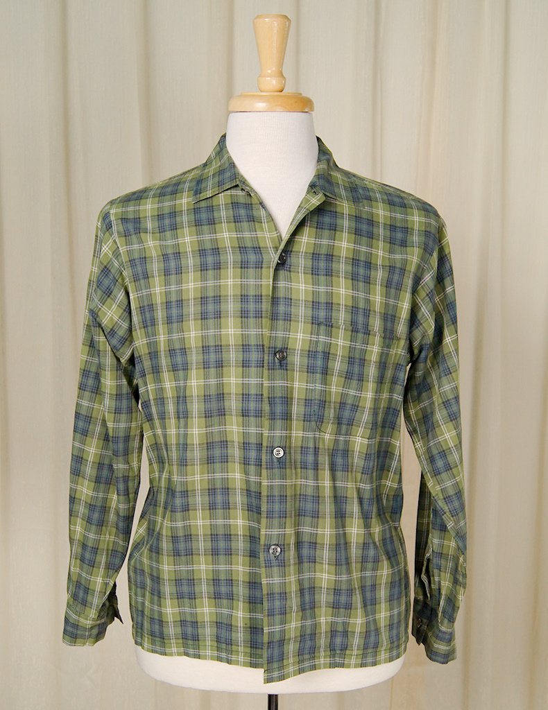Vintage 1950s LS Green Gingham Shirt Cats Like Us