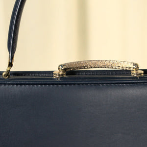 Vintage 1950s Navy Vinyl Gold Clasp Bag Cats Like Us