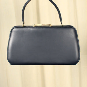 Vintage 1950s Navy Vinyl Gold Clasp Bag Cats Like Us