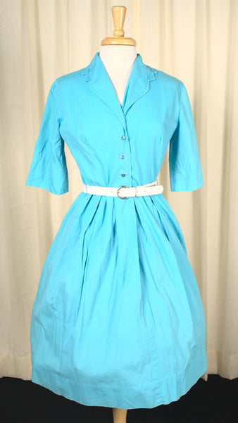 Vintage 1950s Sky Blue Shirt Dress Cats Like Us