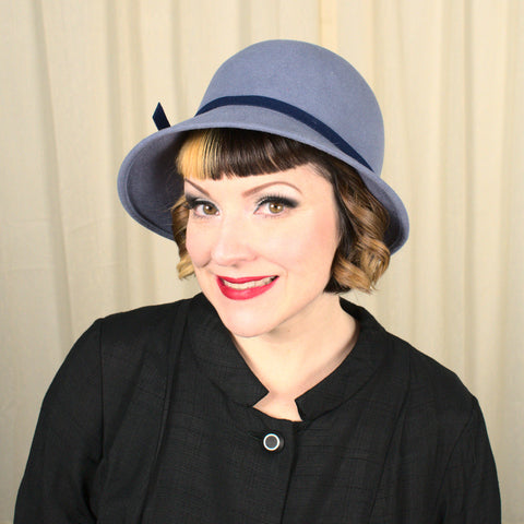 Vintage 1970s does 1920s Steel Blue Hat Cats Like Us