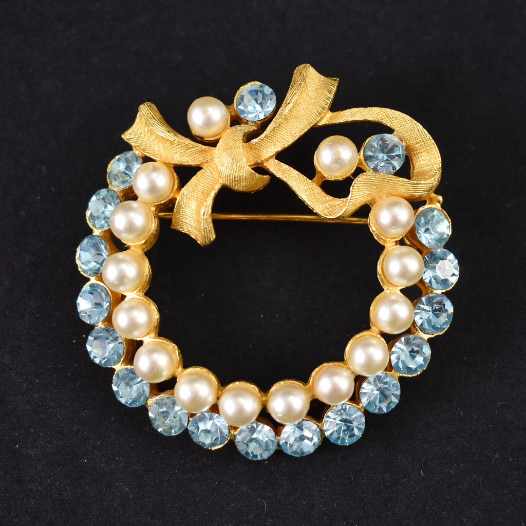 Vintage Blue Rhinestone & Pearl Brooch Cats Like Us