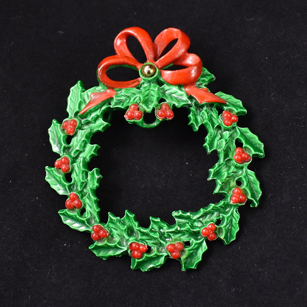Vintage Red & Green Holiday Wreath Pin Cats Like Us