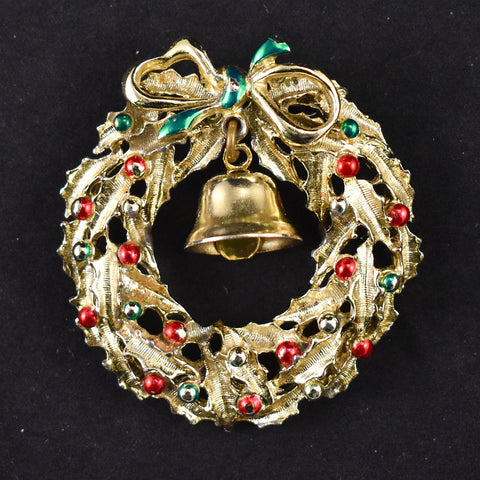 Vintage Wreath & Bell Holiday Brooch Cats Like Us